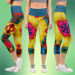 Leggings Capri Rétro Mandala jaune bleu et rose
