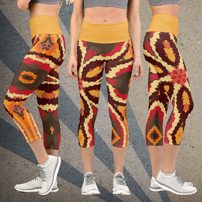 Leggings Capri Rétro Mandala Red Orange et Brown (Créateur téléchargé)