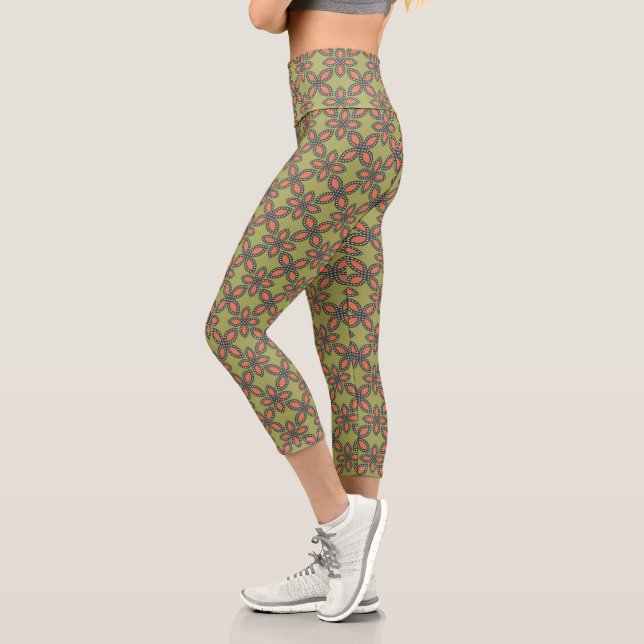 Leggings Capri Retro Vert et Orange Abstrait motif floral (Gauche)