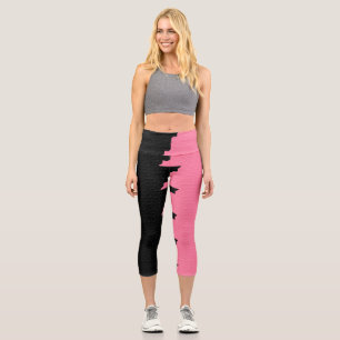 Leggings Capri Rose Et Noir Deux Couleurs Moitié Côtés Bandes