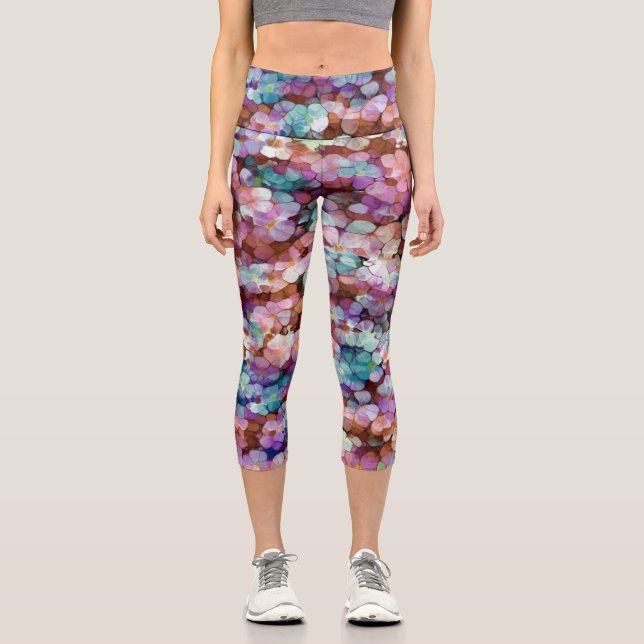 Leggings Capri Rose Rose Or Turquoise Mosaïque Millefiori Fleurs (Recto)