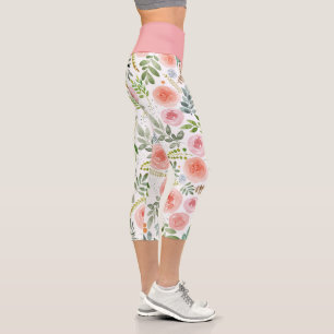 Leggings Capri Rose rose pâle et Feuilles verdoyants Capri Leggin