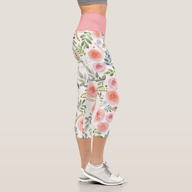 Leggings Capri Rose rose pâle et Feuilles verdoyants Capri Leggin (Droite)