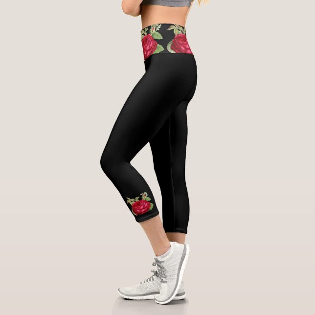 Leggings Capri Rose rouge sur Floral noir (Gauche)