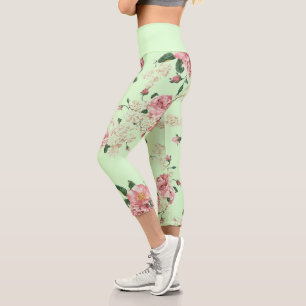 Leggings Capri Rose sur Vert Vintage Floral
