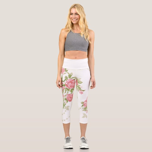 Leggings Capri Roses de chou rose gras sur Arrière - plan blanc (Recto)