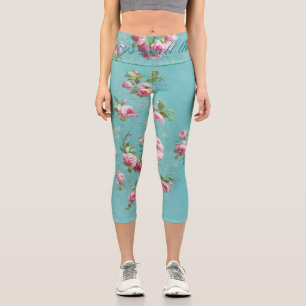 Leggings Capri Roses romantiques vintages sur bleu
