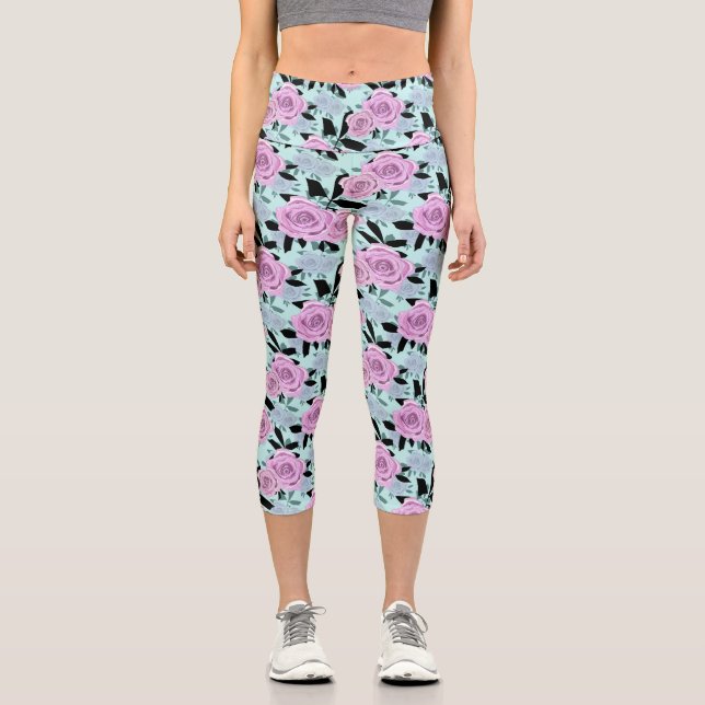 Leggings Capri roses roses roses, roses, arrière - plan turquoise (Recto)