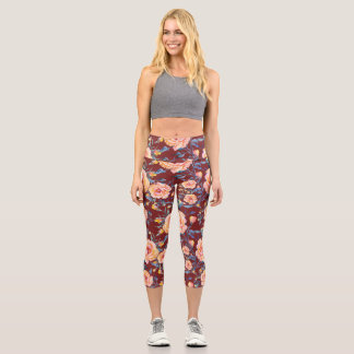 Leggings Capri Roses, sans soudure, motif arrière - plan rouge