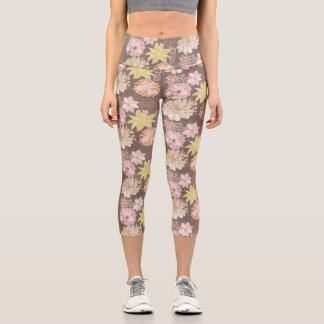 Leggings Capri Rustic Boho Asphalt Floral Pattern 
