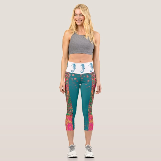 Leggings Capri Seahorse Deep Sea Marine Life Art Abstrait Moderne (Recto)