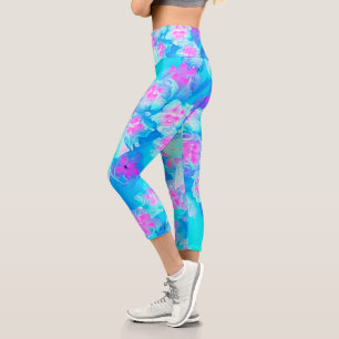 Leggings Capri Série subaquatique Succulente Bleue et Rose Chaud