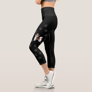 Leggings Capri Shih Tzu de dessin animé marron et blanc & pattes