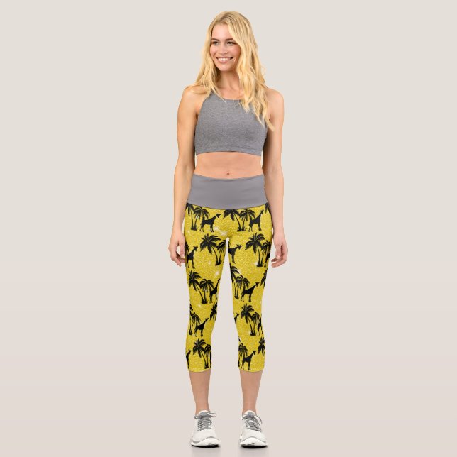 Leggings Capri Silhouette de girafe Feuilles de palmier tropical  (Recto)