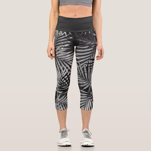 Leggings Capri Silver Glitter Palm Tree Black Modern Abstract  (Recto)