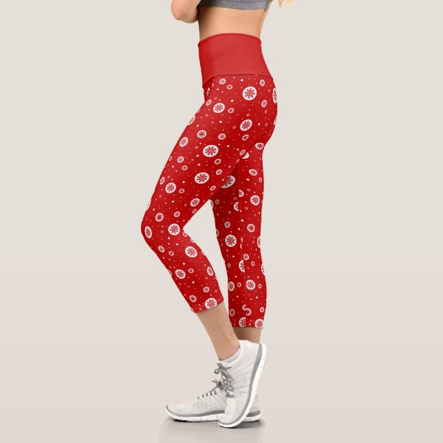 Leggings Capri Snowflakes rouge et blanc de Noël et Motif de neig (Gauche)