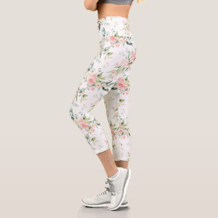 Leggings Capri Soft Pastel Rose Rose Flower Motif