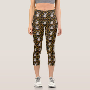 Leggings Capri Sphynx Cat Ninja Retro motif noir et or