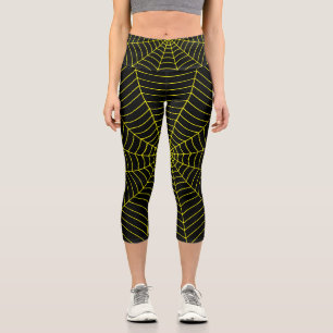 Leggings Capri Spider web noir jaune motif d'Halloween