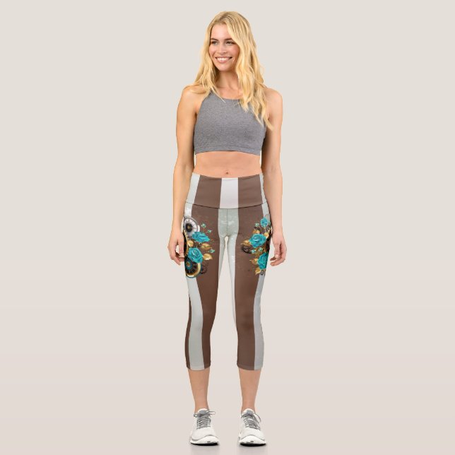 Leggings Capri Steampunk Clock and Turquoise Roses on Striped (Recto)