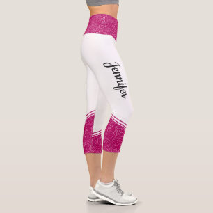 Leggings Capri Style blanc magenta floral blanc rayures & nom