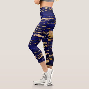Leggings Capri Style Bleu & Or Abstrait Marbleisé Peinture