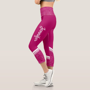 Leggings Capri Stylé noir magenta floral rayures blanches et nom