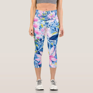 Leggings Capri Style tendance Bleu Rose Lilly Motif Floral