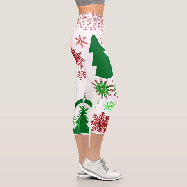 Leggings Capri Stylish Green Christmas Tree Red Snowflakes White  (Droite)
