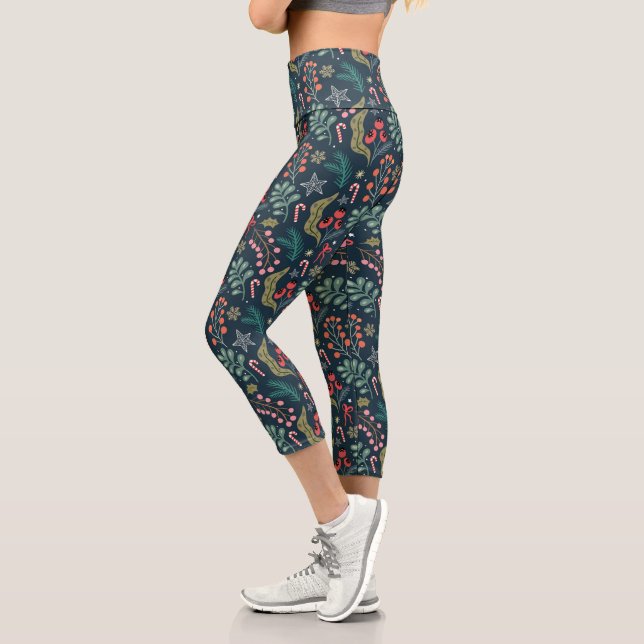 Leggings Capri Sucre de canne festif et Holly Motif (Gauche)