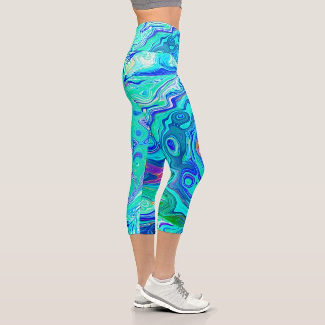 Leggings Capri Super Abstrait Ocean Blue et Green Liquid Swirl (Droite)