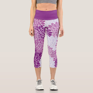 Leggings Capri Superbe Dahlia Floral Botanique Violet Bleu Clair