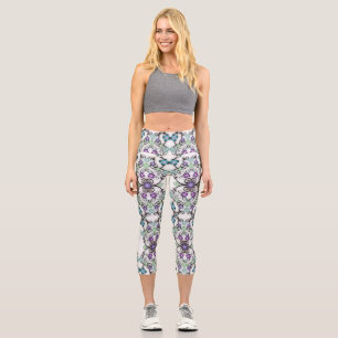 Leggings Capri Superbe motif de dentelle de fleurs bleu violet