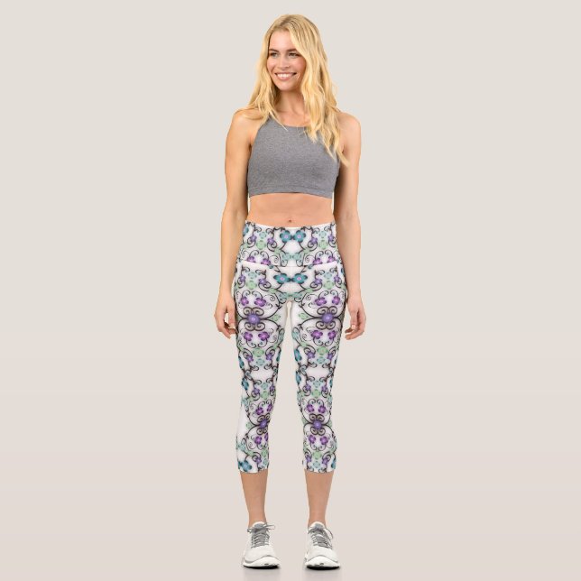 Leggings Capri Superbe motif de dentelle de fleurs bleu violet  (Recto)