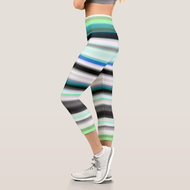 Leggings Capri Tailles Abstraites turquoise, bleue et grise (Gauche)