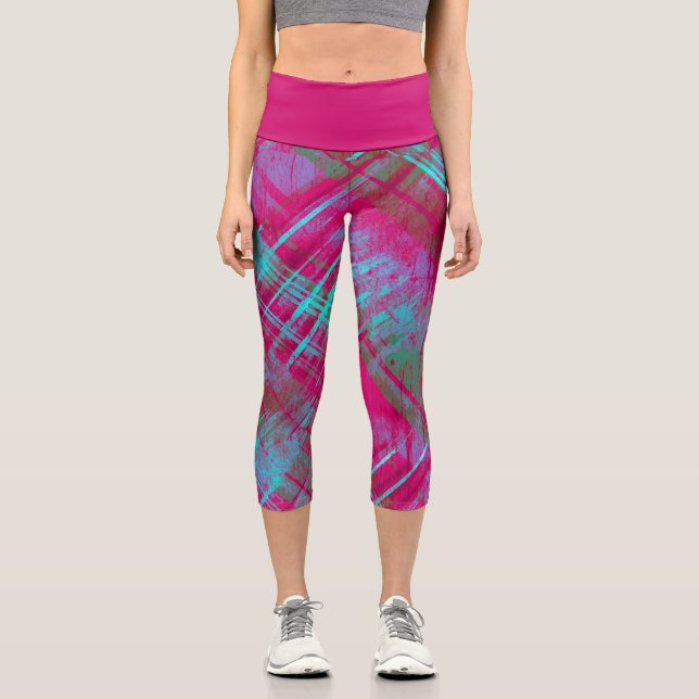 Leggings Capri Tartan Pink Purple Aqua Plaid Pink ceinture (Recto)