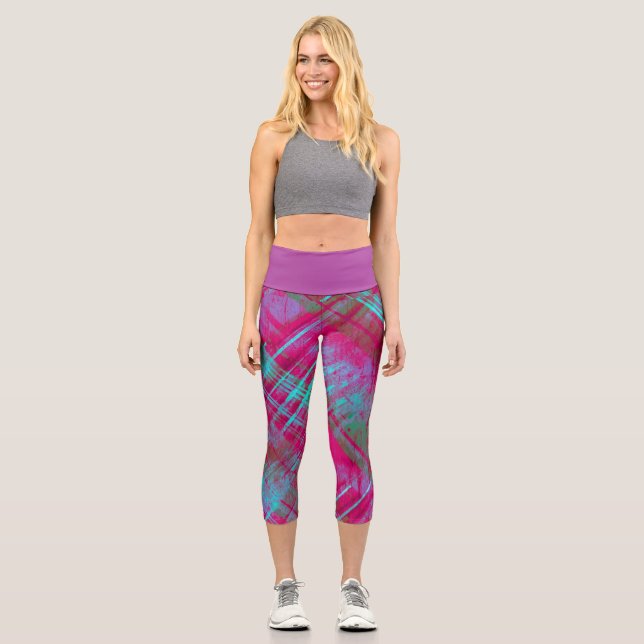 Leggings Capri Tartan Pink Purple Aqua Plaid Purple Wistband (Recto)