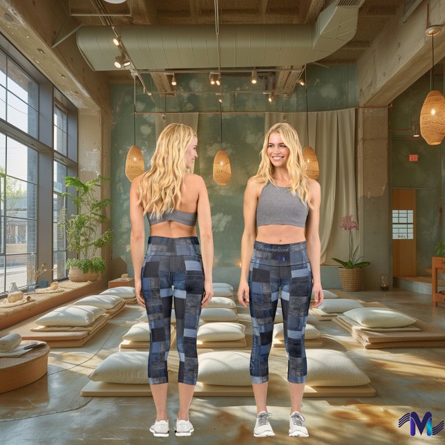 Leggings Capri Tendance Jean Patchwork,Teinte Bleue,Logo Texte Pe (Créateur téléchargé)