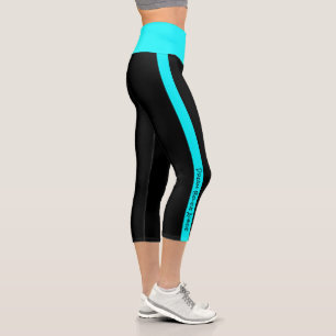 Leggings Capri Texte personnalisé Grilles de Neon Aqua noir