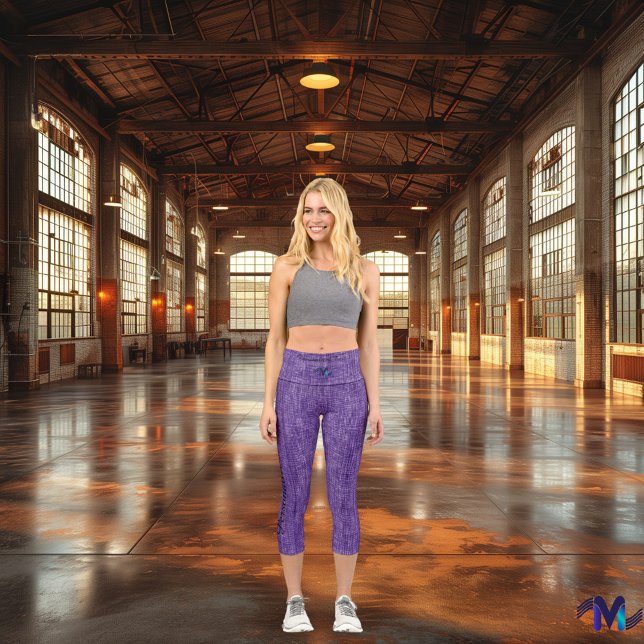 Leggings Capri Texture de Denim violet, texte et logo personnalis (Créateur téléchargé)