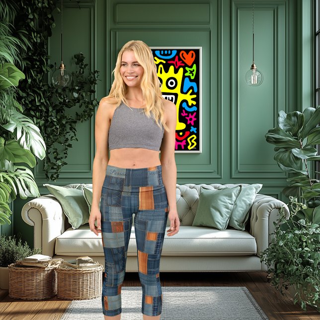 Leggings Capri Texture Tissé Bleu et Marron | Motif Rustique Mode (Créateur téléchargé)