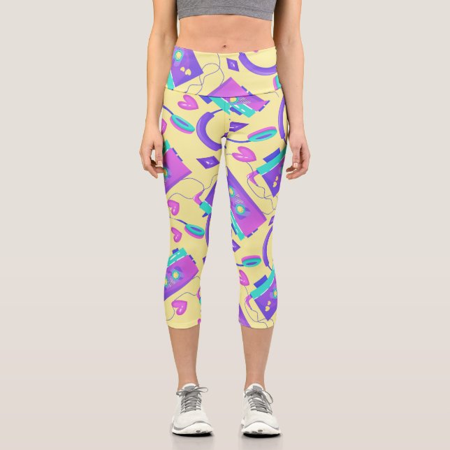 Leggings Capri Thème néon des années 80 Jaune tendance (Recto)