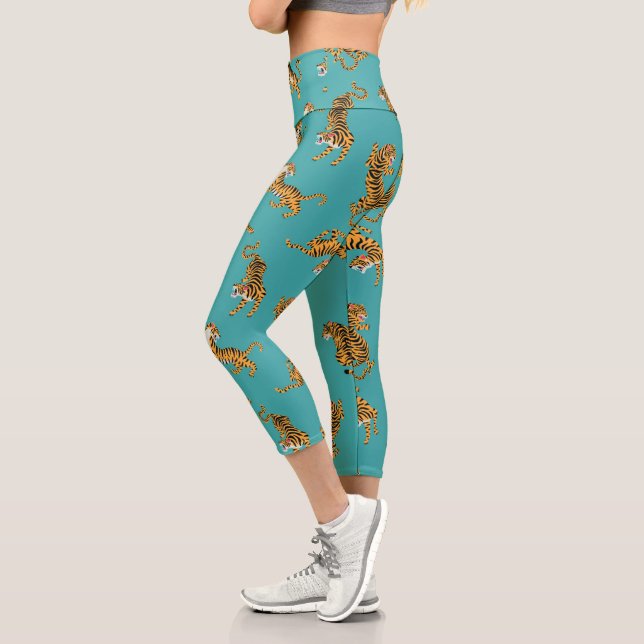 Leggings Capri Tiger sur Motif Turquoise (Gauche)