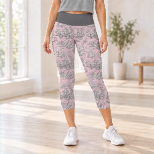 Leggings Capri Toile de Jouy rose gris élégant vintage
