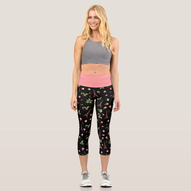 Leggings Capri Tour Eiffel Floral rose et noir (Recto)