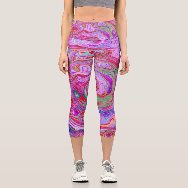 Leggings Capri Tourbillon Abstrait Rétro Rouge, Violet et Rose (Recto)