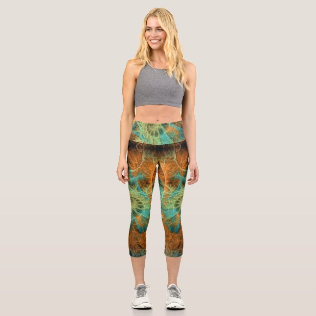 Leggings Capri Tourbillon fractal turquoise et orange V1 (Recto)