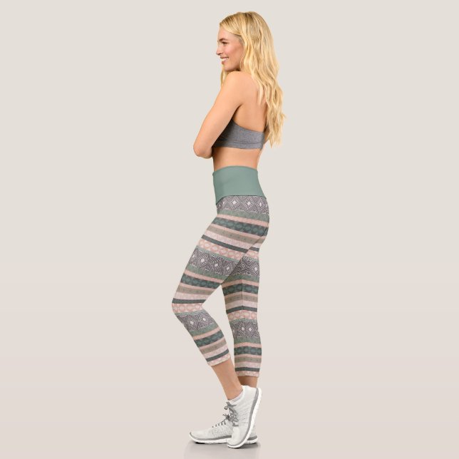 Leggings Capri Tribal Géométrique Tissu Boho Vert Beige (Gauche)
