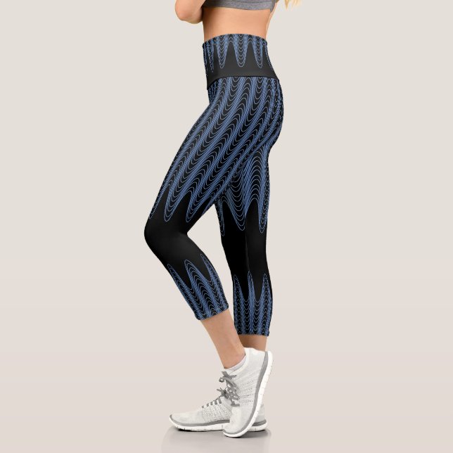 Leggings Capri Trippy Black and Blue Wavy Stripes Abstrait Cool (Gauche)