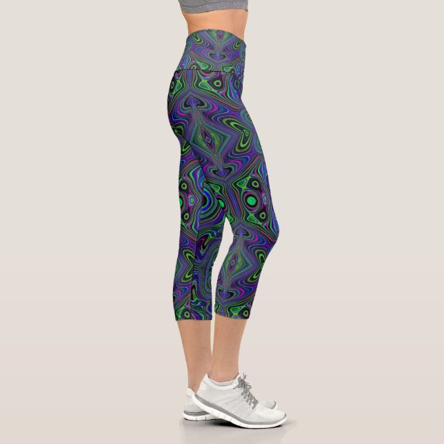 Leggings Capri Trippy Rétro Bleu Royal et Vert Citron Abstrait (Droite)